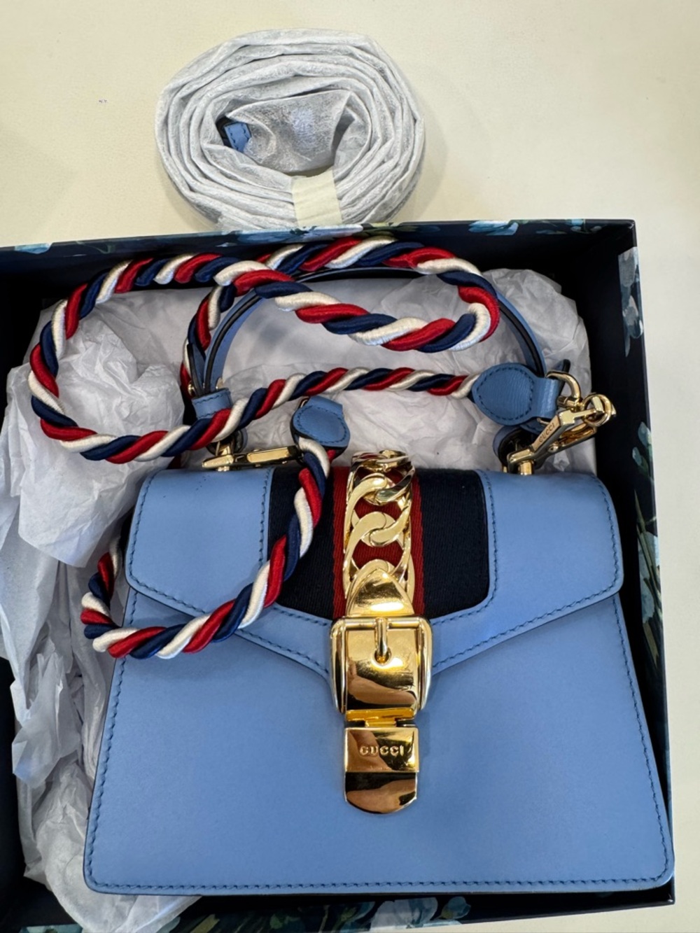Gucci Light Blue Leather Top Handle Satchel with Tricolor Rope Strap